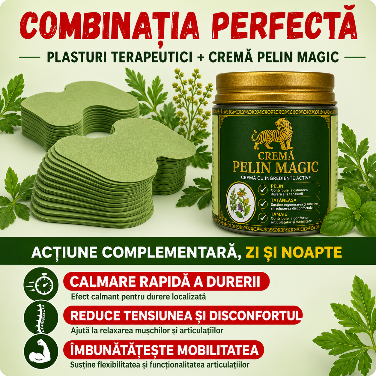 PACHET ANTI DURERE CREMĂ + 40 PLASTURI PELIN MAGIC